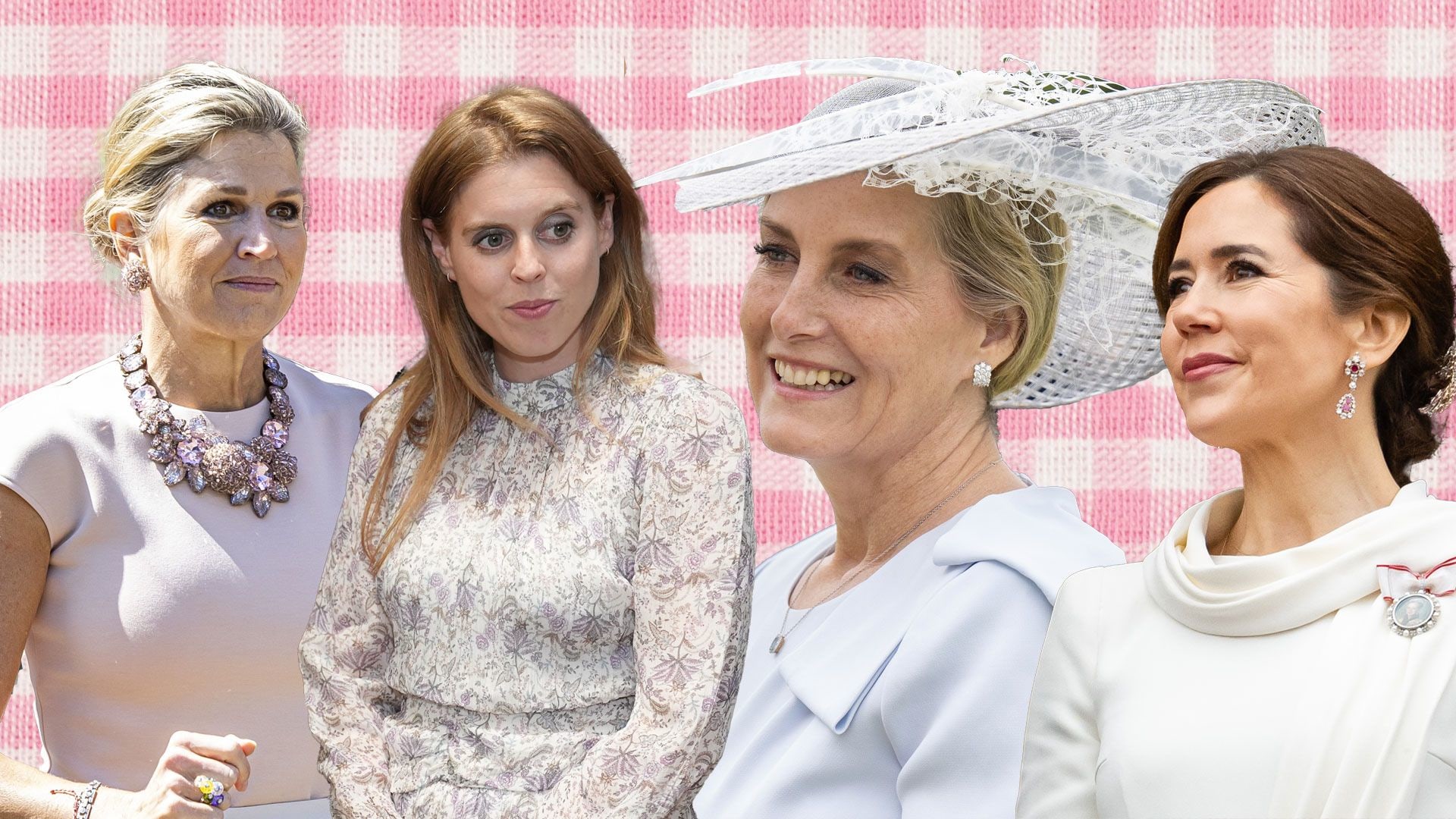 queen maxima, princess beatrice, duchess sophie, queen mary against pink gingham