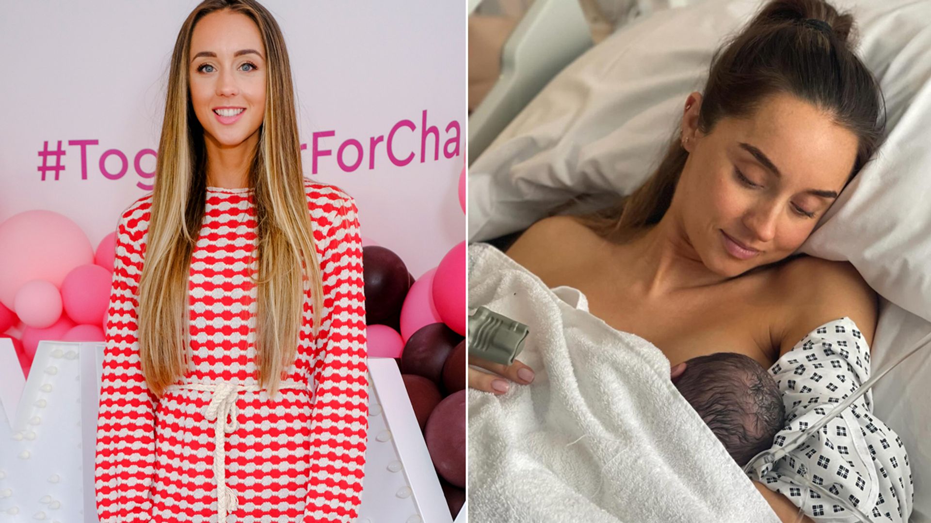 A split image of Emily Andre and baby Arabella 