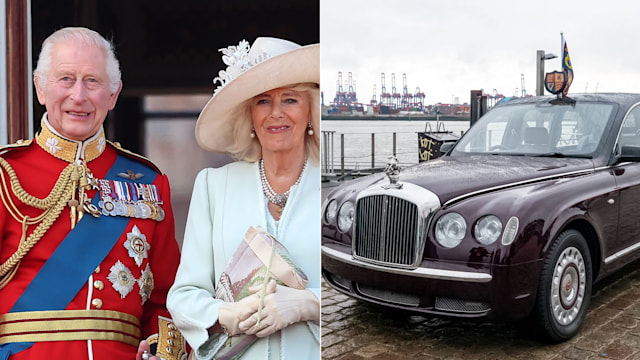 King and Queen at Buckingham Palace and state bentleys