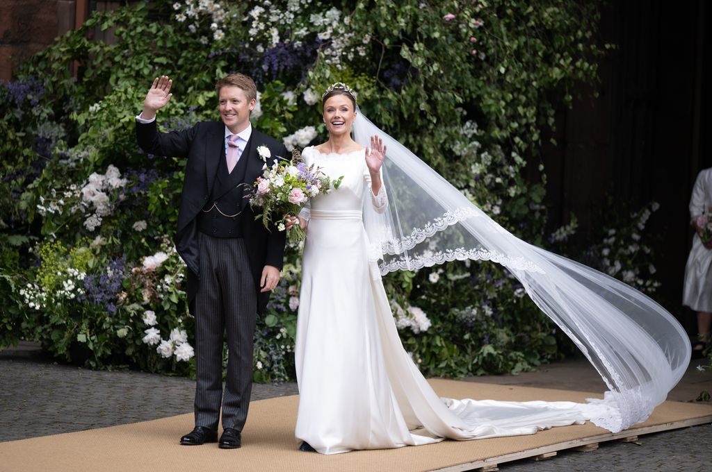 Hugh Grosvenor, Duke of Westminster and Olivia Grosvenor, Duchess of Westminster depart after their wedding ceremony