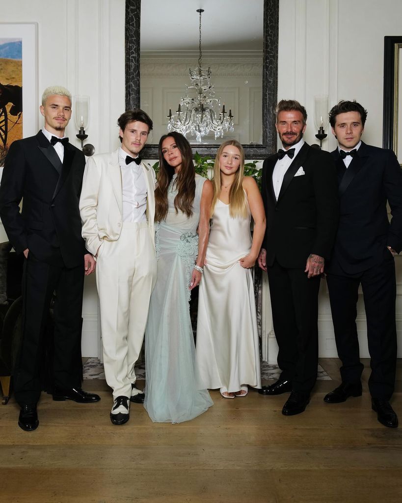 The Beckham family pose in black tie attire at Victoria's 50th birthday party