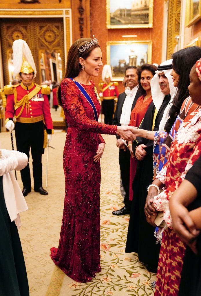 Kate in red beaded dress