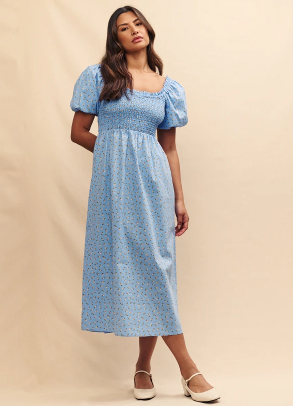 nobody's child blue floral shirred dress 