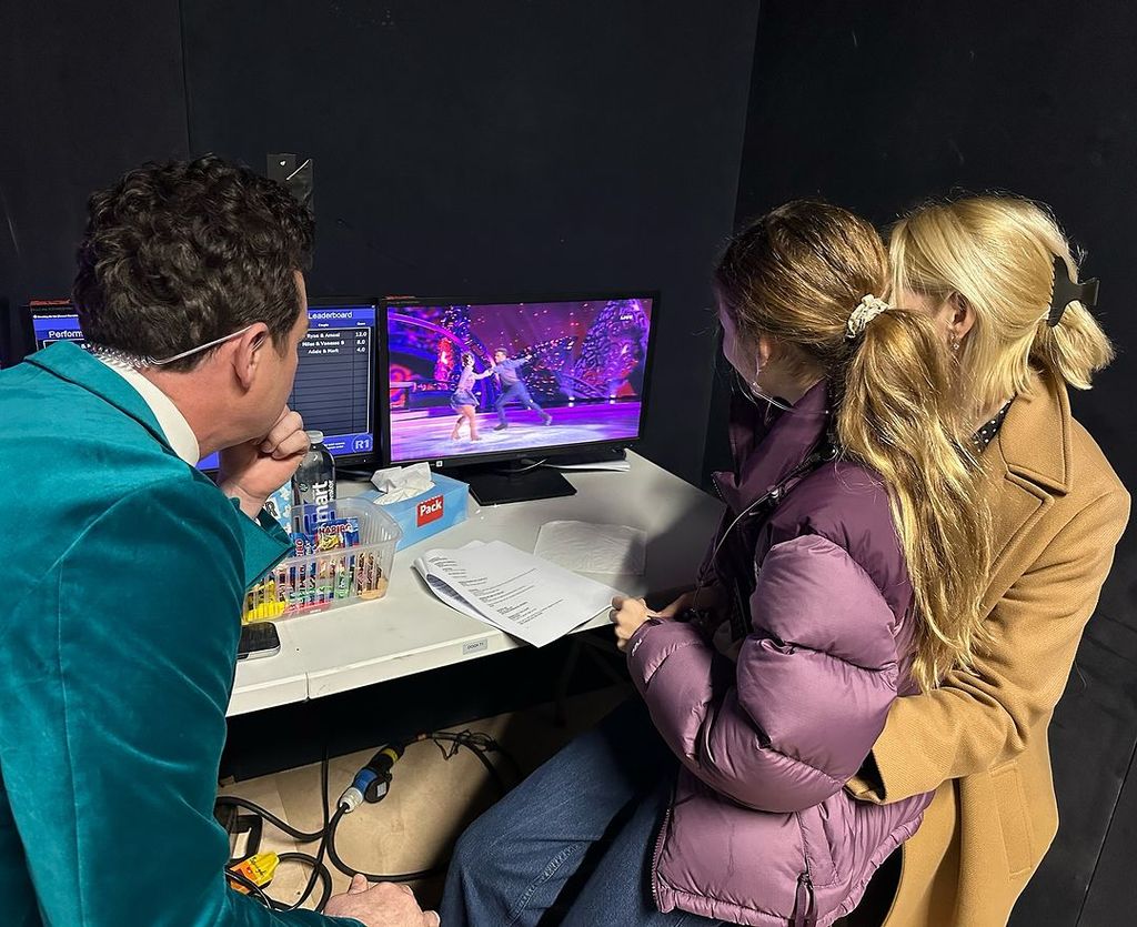 Stephen Mulhern, Belle and Holly Willoughby watch Dancing On Ice dress rehearsal