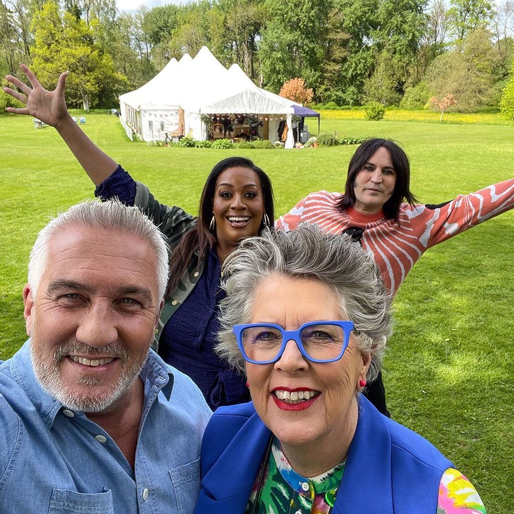 Paul, Alison, Noel and Prue filming Bake Off 2023