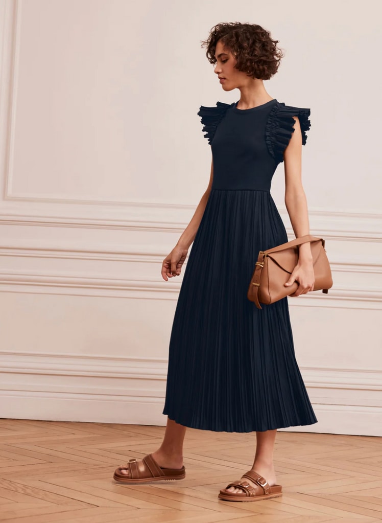 Navy Jersey Crinkle Midi Dress