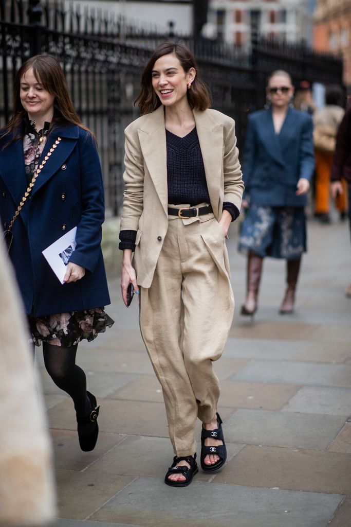 Alexa Chung wore her Chanel dad sandals with a relaxed suit - copying this look! 