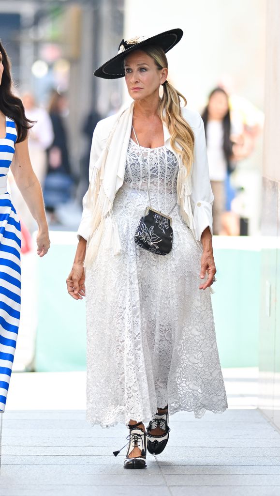 Sarah Jessica Parker is seen on the set of  'And Just Like That' series in Uptown, Manhattan on July 09, 2024 in New York City. 