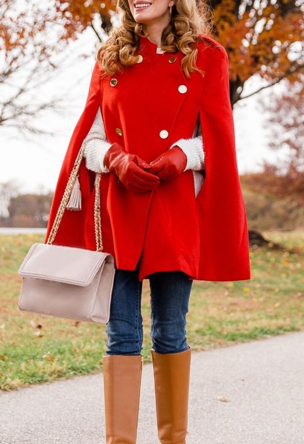 Double-breasted Cape Coat In Red - CHICWISH