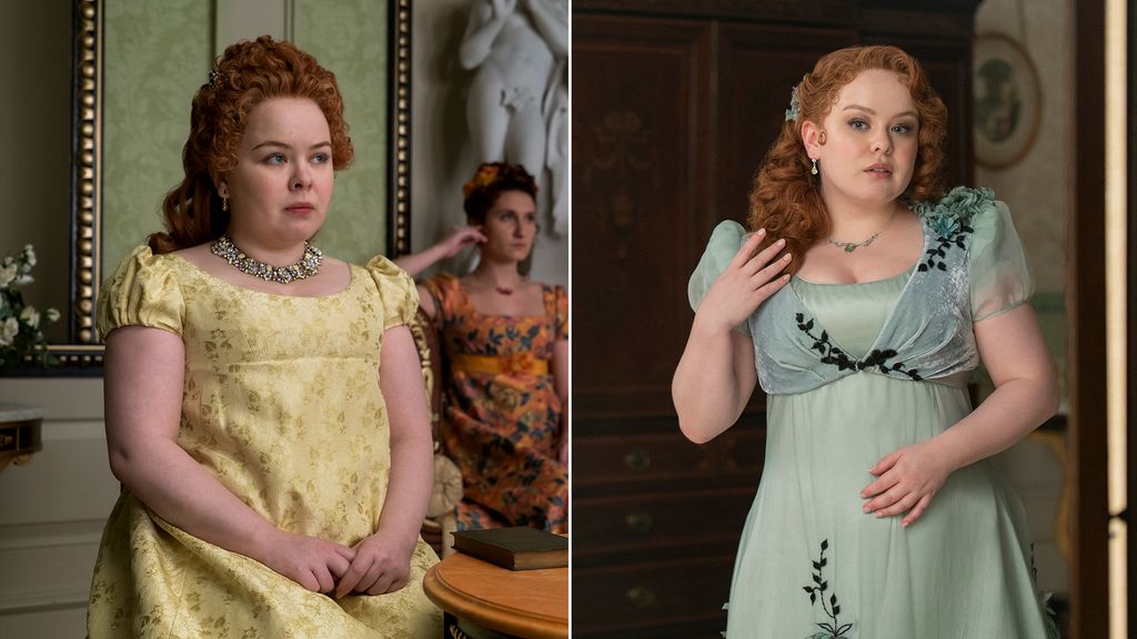 Split image of Penelope Featherington in seasons 1 and 3 of Bridgerton