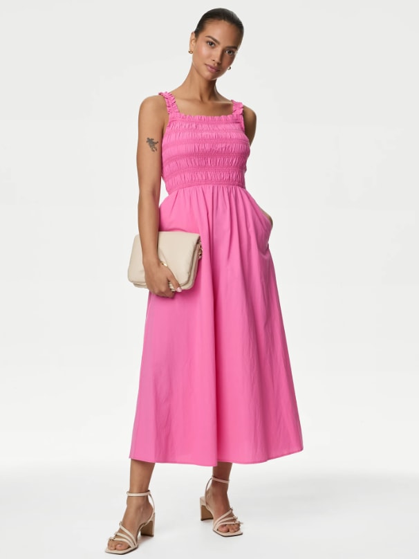 marks and spencer pink shirred dress 