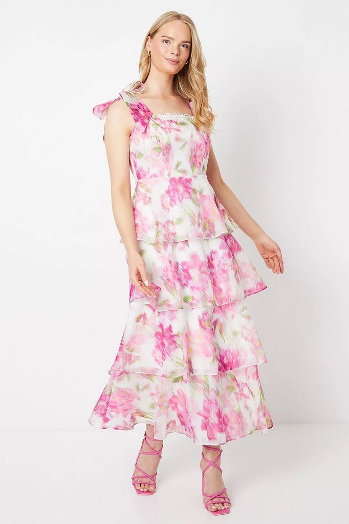 Oasis Blurred Floral Tie Shoulder Organza Tiered Midi Dress