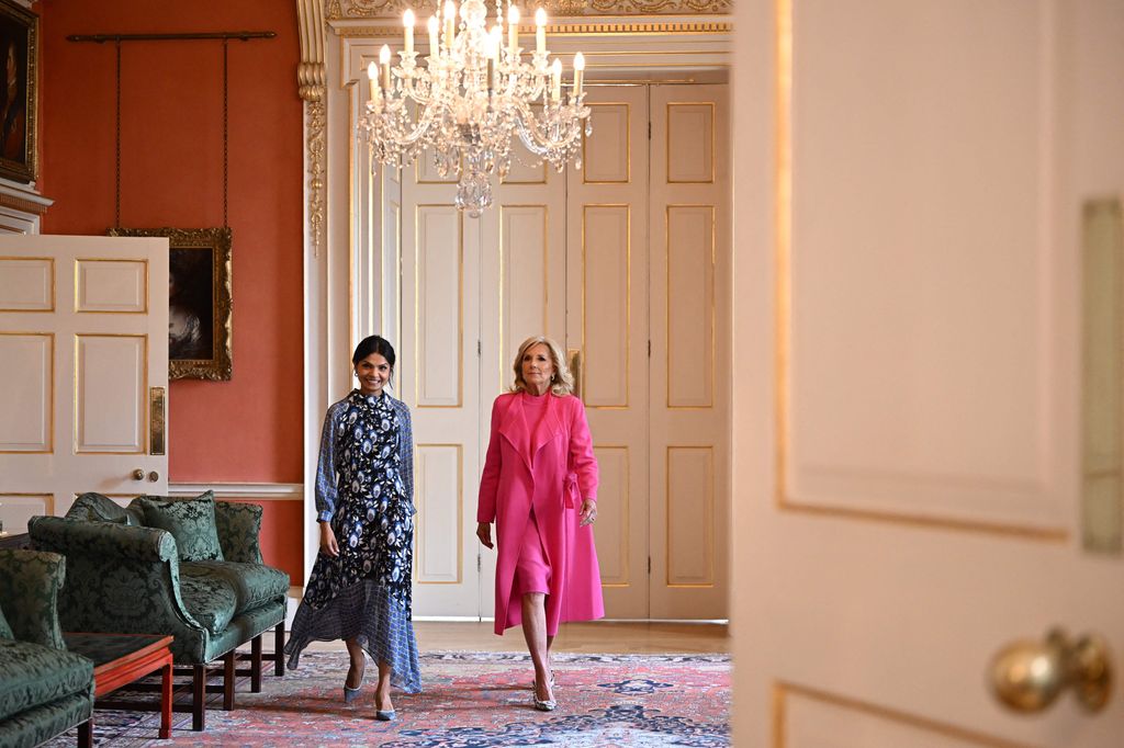 Akshata Murty, wife of former PM Rishi Sunak, and US First Lady Jill Biden speak as they arrive for a meeting inside 10 Downing Street