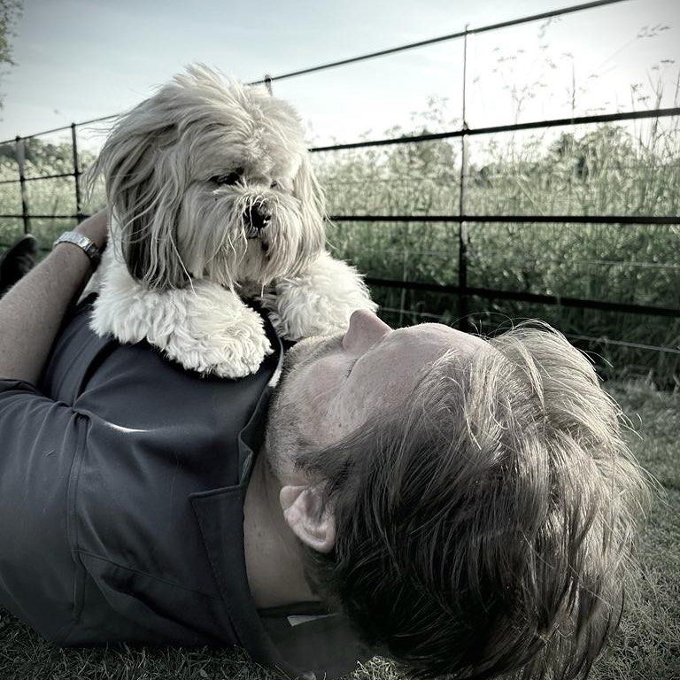 james martin dog ralph on his chest