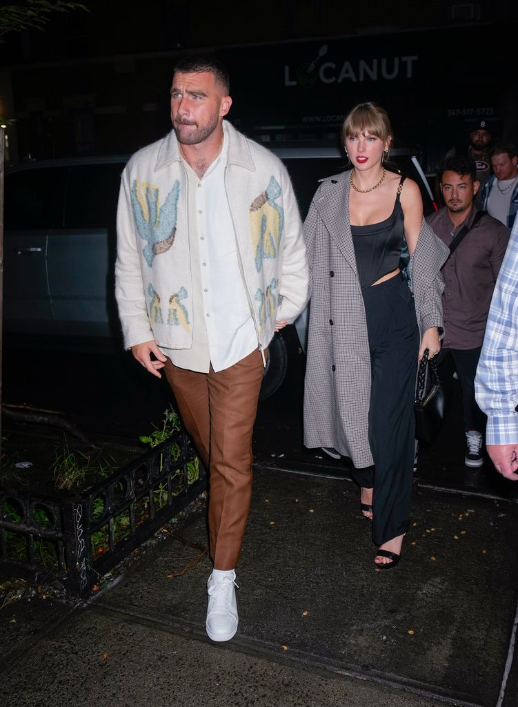 Travis Kelce and Taylor Swift arrive at SNL Afterparty on October 15, 2023 in New York City.