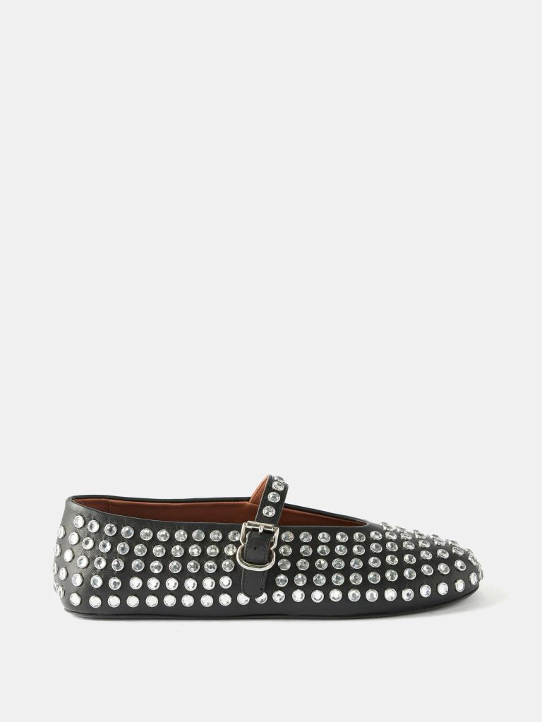 Black Crystal-Embellished Buckled Leather Ballet Flats