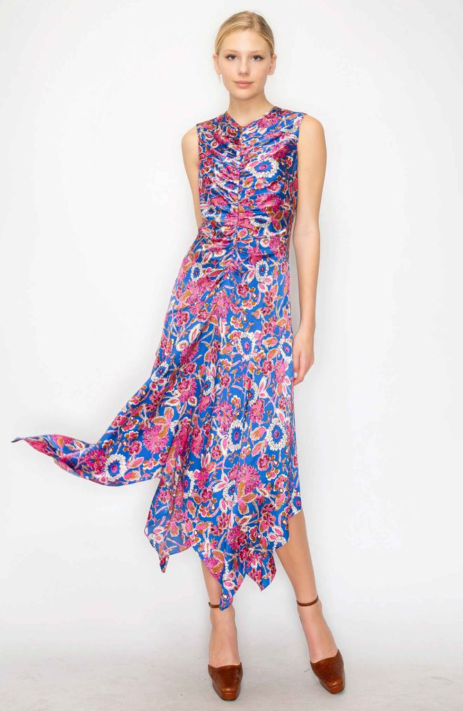 Melloday Floral Print Ruched Satin Midi Dress