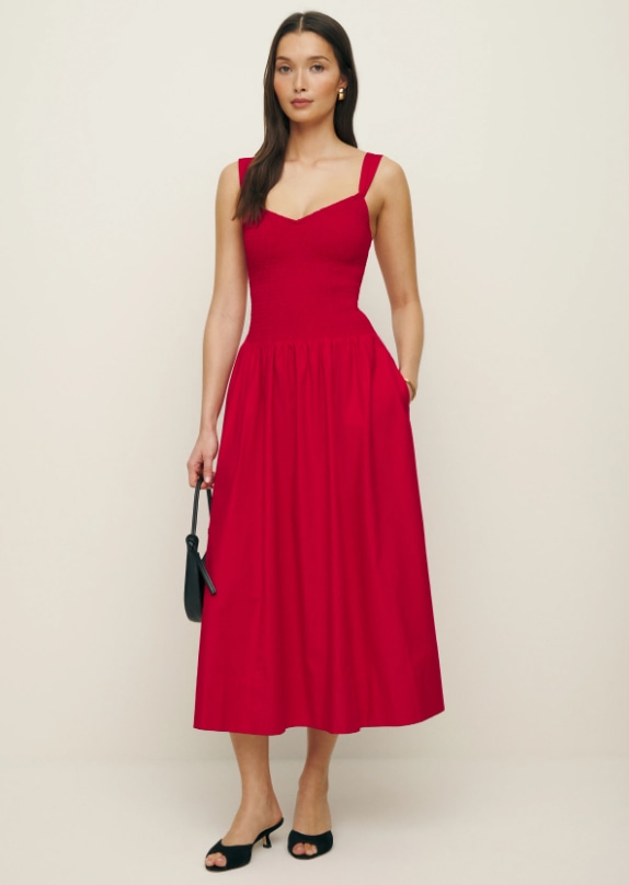 reformation red shirred midi dress 