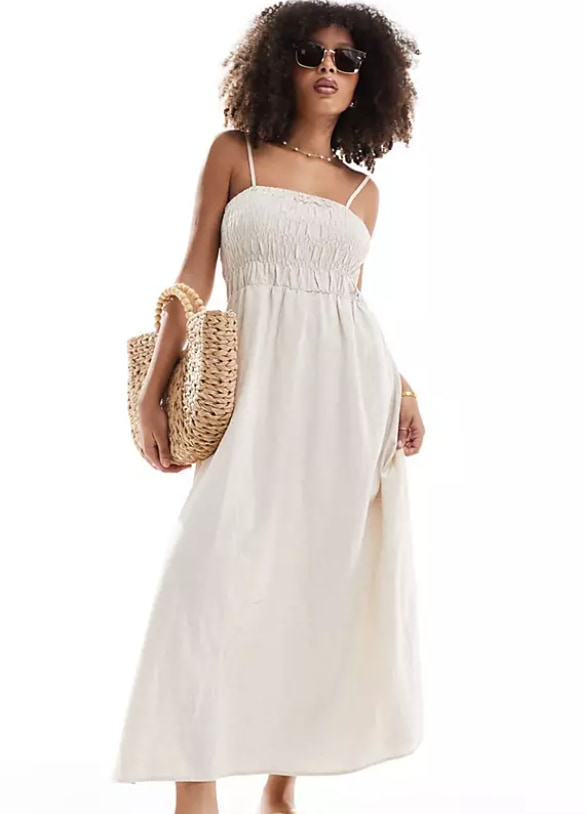 asos shirred cream dress 