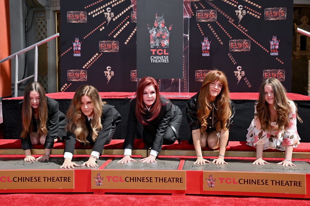 Harper Vivienne Ann Lockwood, Lisa Marie Presley, Priscilla Presley, Riley Keough, and Finley Aaron Love Lockwood attend the Handprint Ceremony honoring Three Generations of Presley's at TCL Chinese Theatre on June 21, 2022 in Hollywood, California