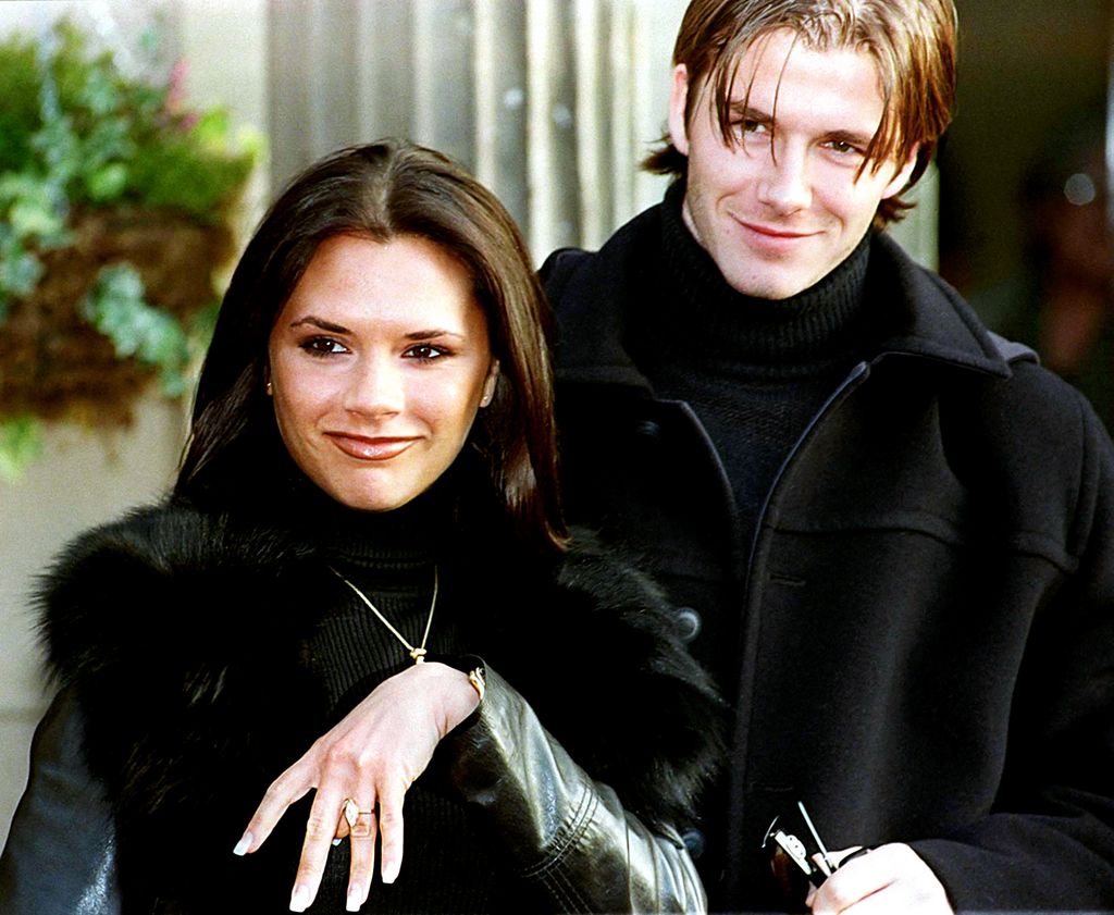 Victoria Adams (Posh Spice) and David Beckham the Manchester United footballer leave the Hotel near Crewe today (Sunday) where the announcement of their future wedding was made.   (Photo by John Giles - PA Images/PA Images via Getty Images)