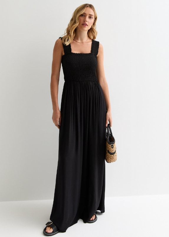 new look black shirred maxi dress 