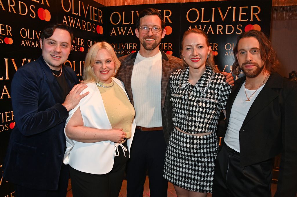 Jak Malone, Zoe Roberts, Joe Bunker, Natasha Hodgson and David Cumming of "Operation Mincemeat" attend The Olivier Awards 2024 nominees reception 