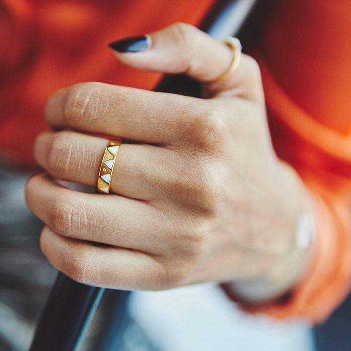 original_gold band ring with triangular opals and diamond