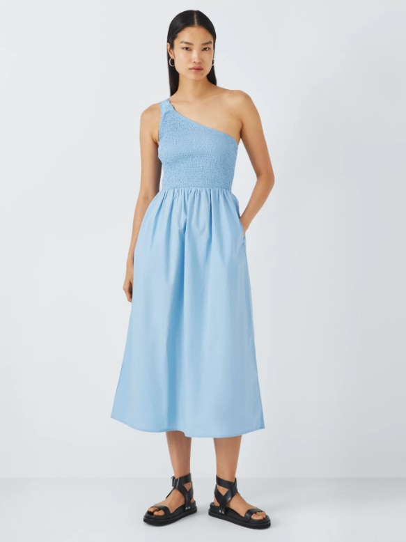 john lewis shirred one shoulder blue dress 