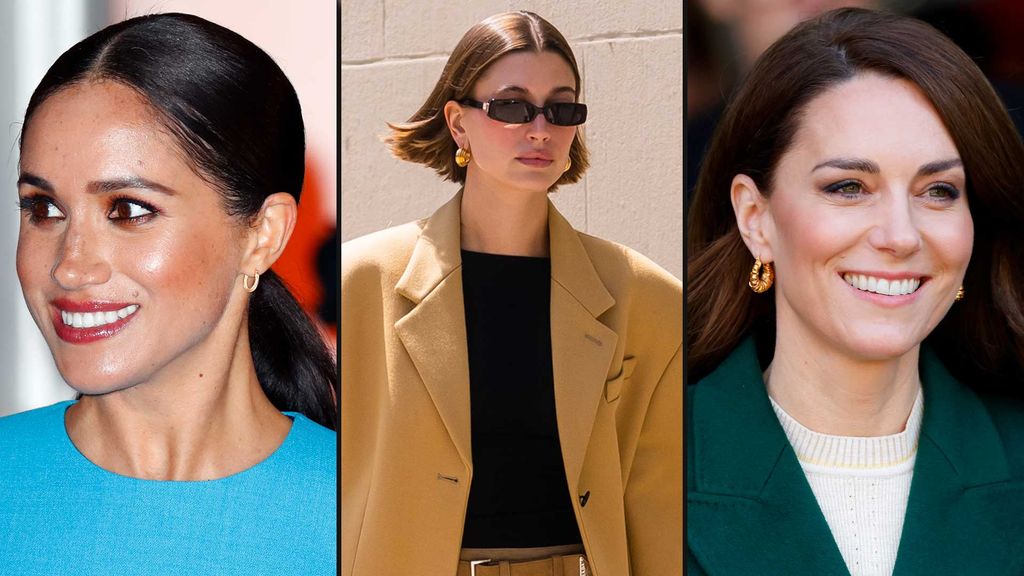 Meghan Markle, Hailey Bieber, and Princess Kate wearing hoop earrings