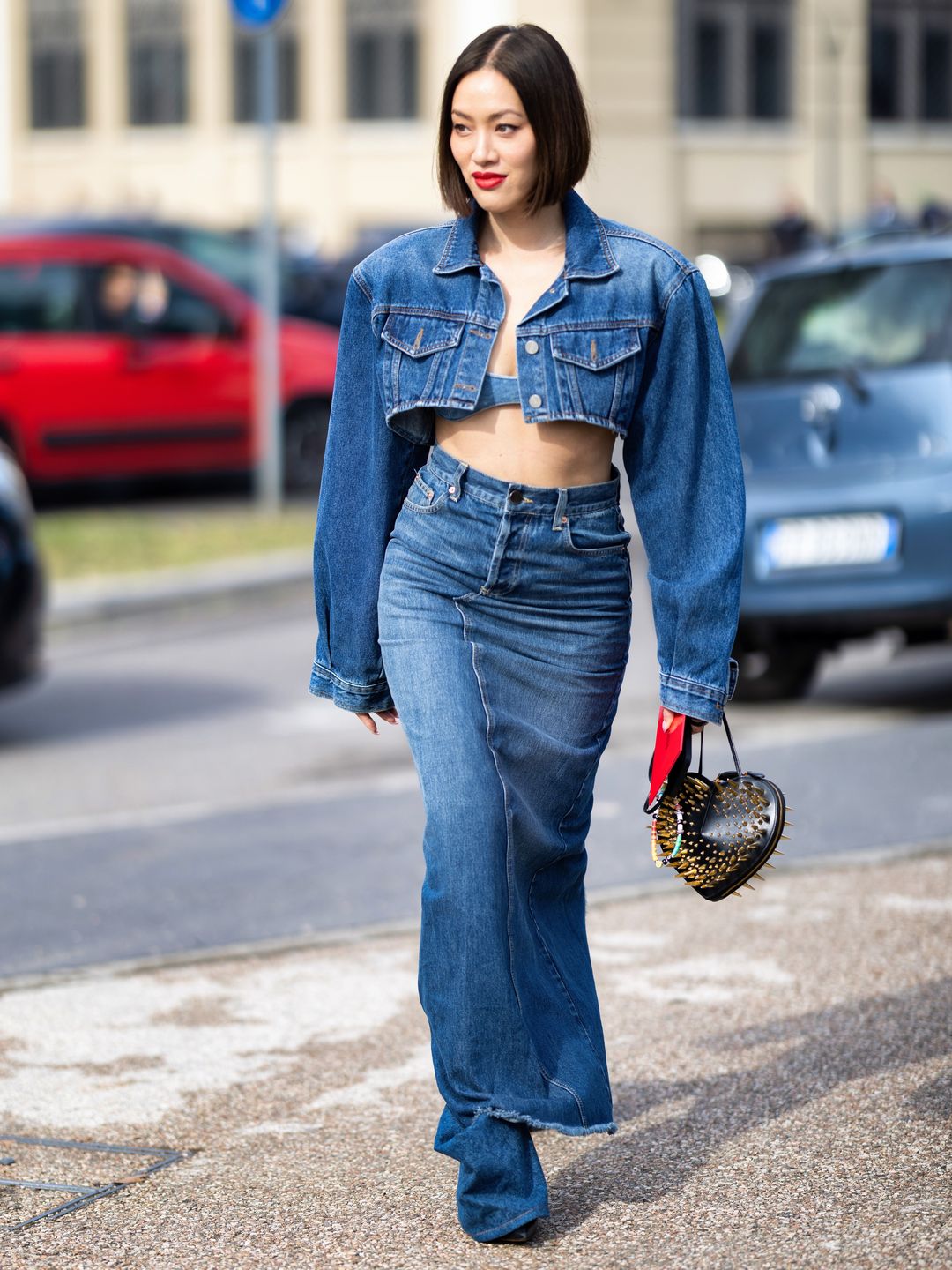 Tiffany Hsu styles a denim bralette with a statement-sleeved jacket and skirt 