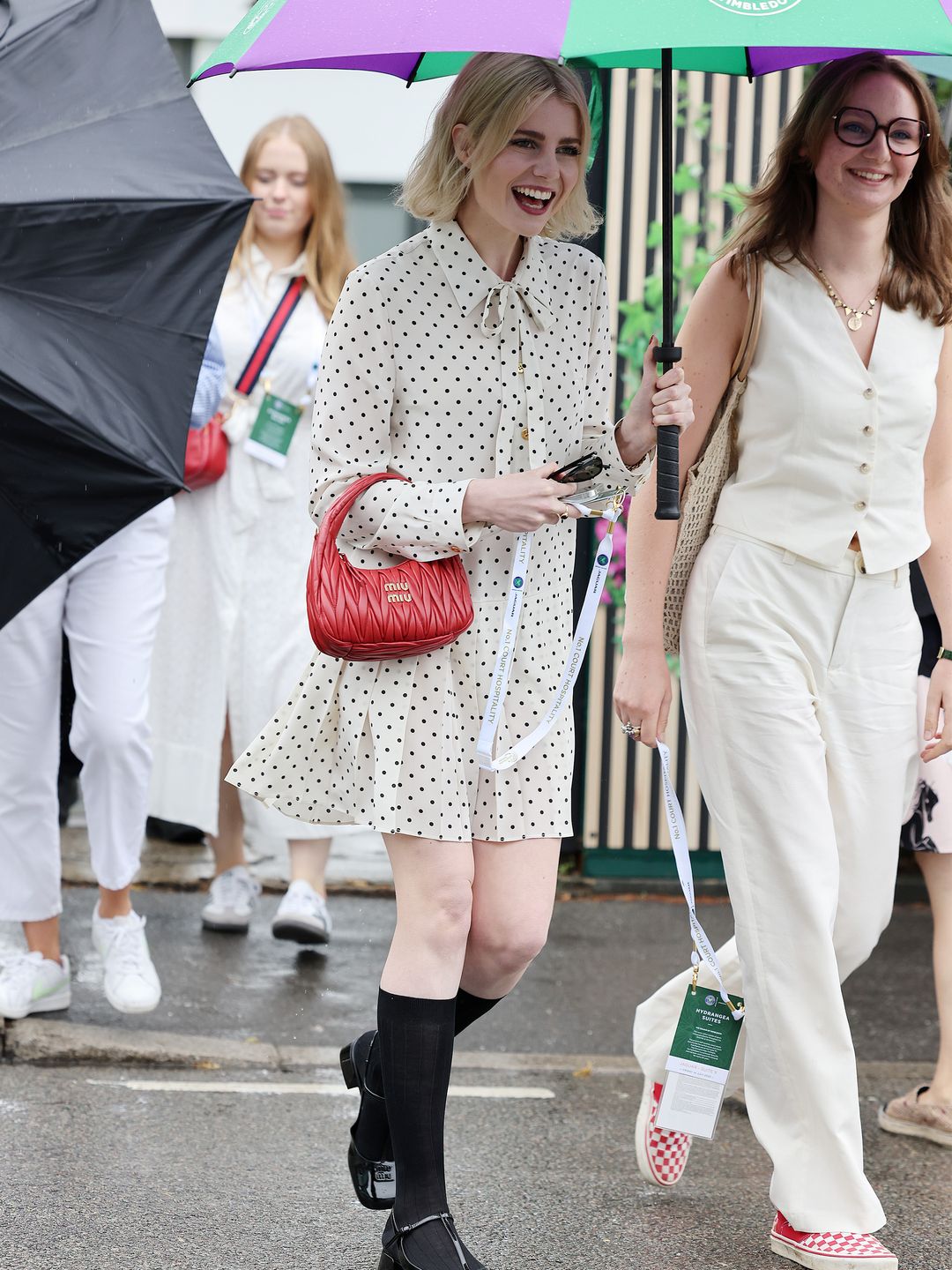 LONDON, ENGLAND - JULY 14: Lucy Boynton attends day twelve of the Wimbledon Tennis Championships at All England Lawn Tennis and Croquet Club on July 14, 2023 in London, England. (Photo by Neil Mockford/GC Images)