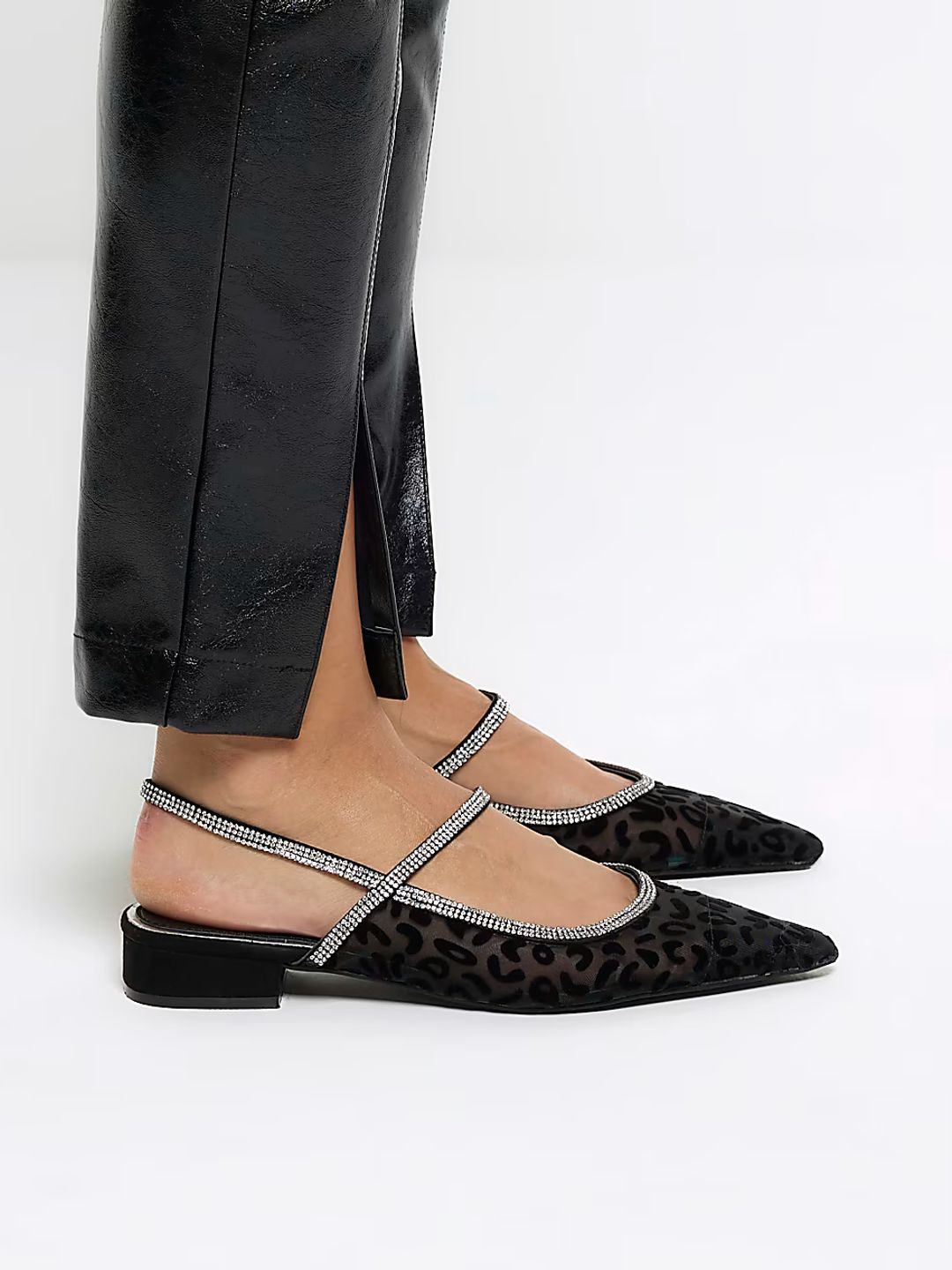 Black Jacquard Diamante Sling Back Shoes - River Island