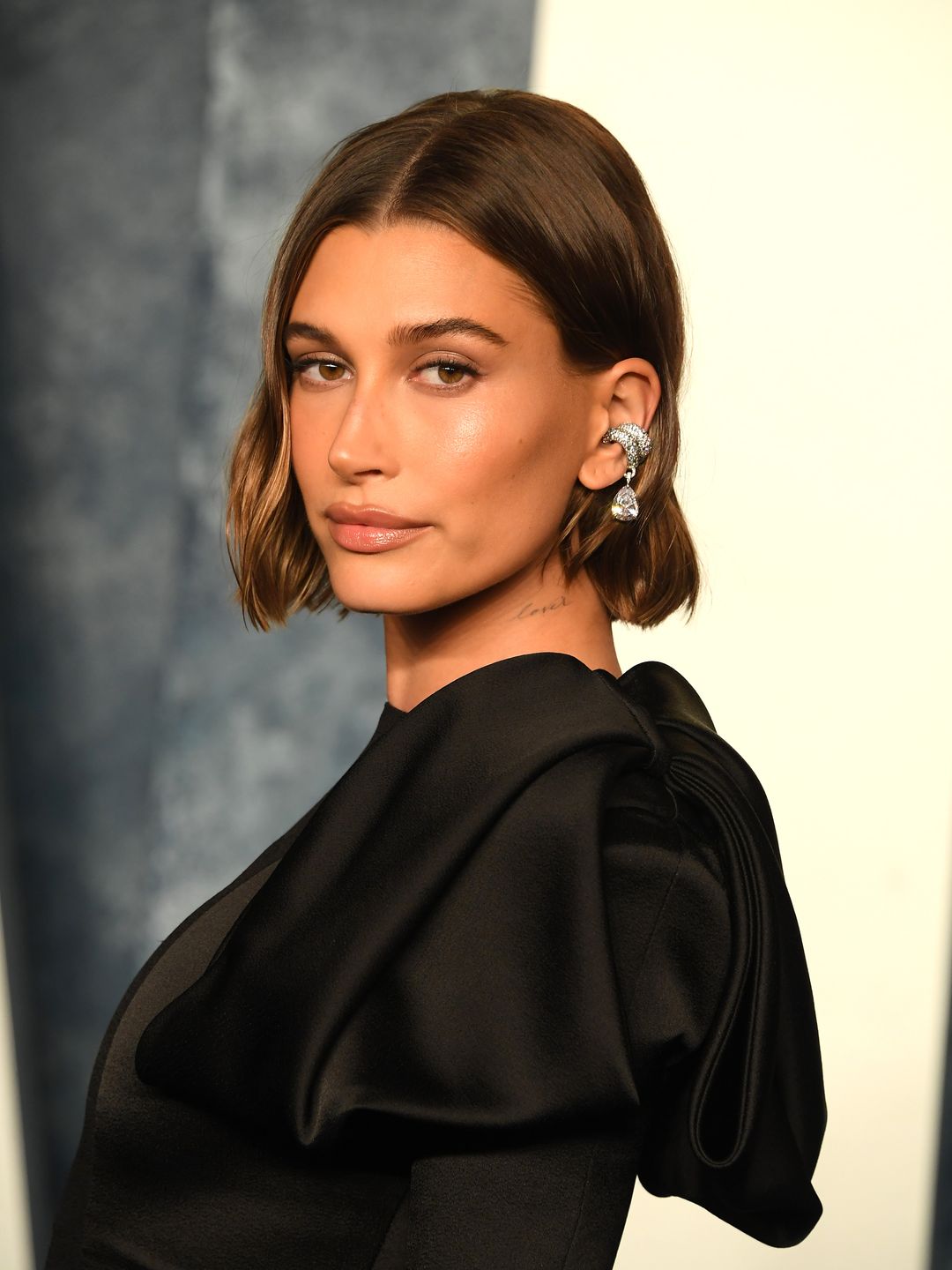 Hailey Bieber wears her hair in a jaw-length bob