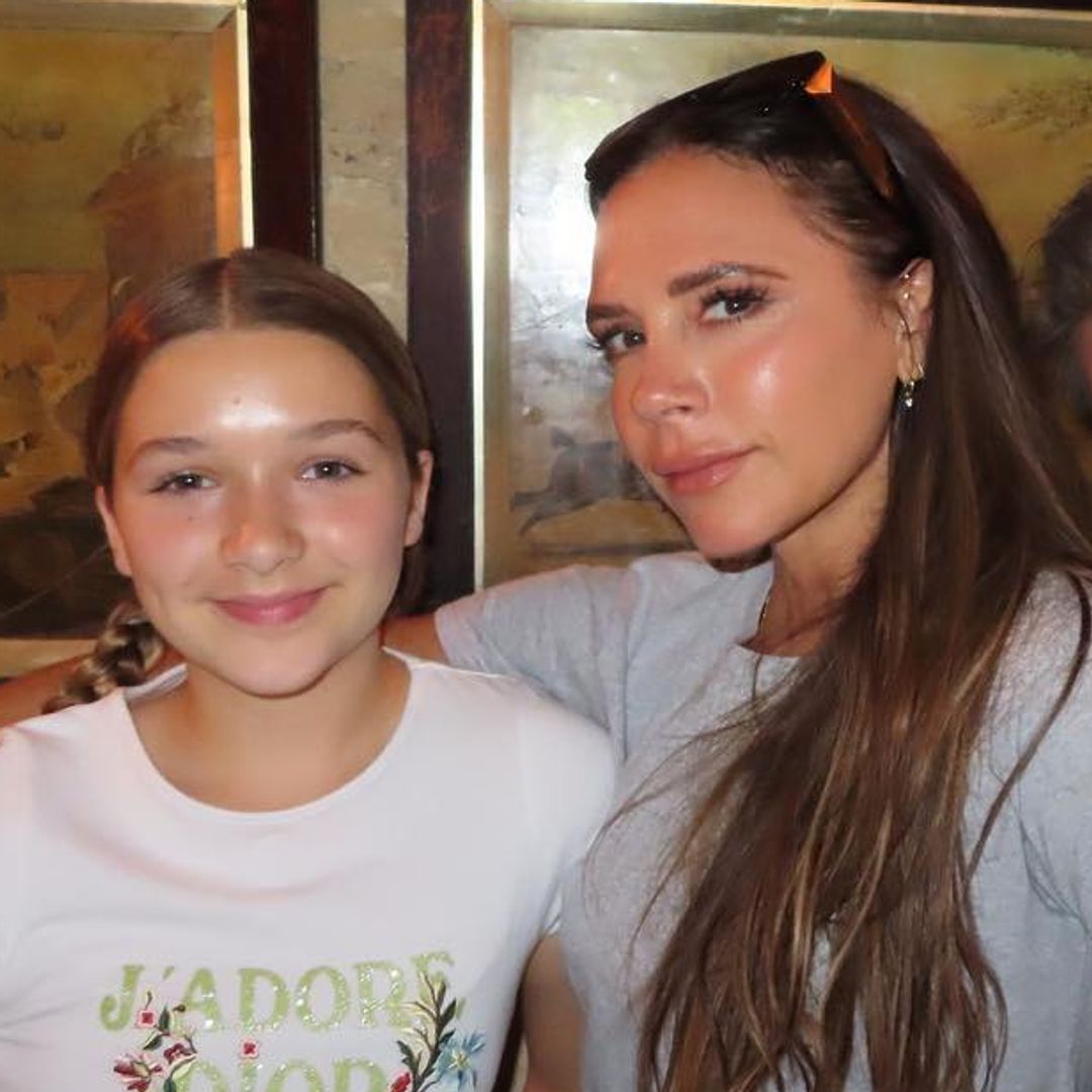 Harper Beckham twins with mum Victoria in denim look during family holiday