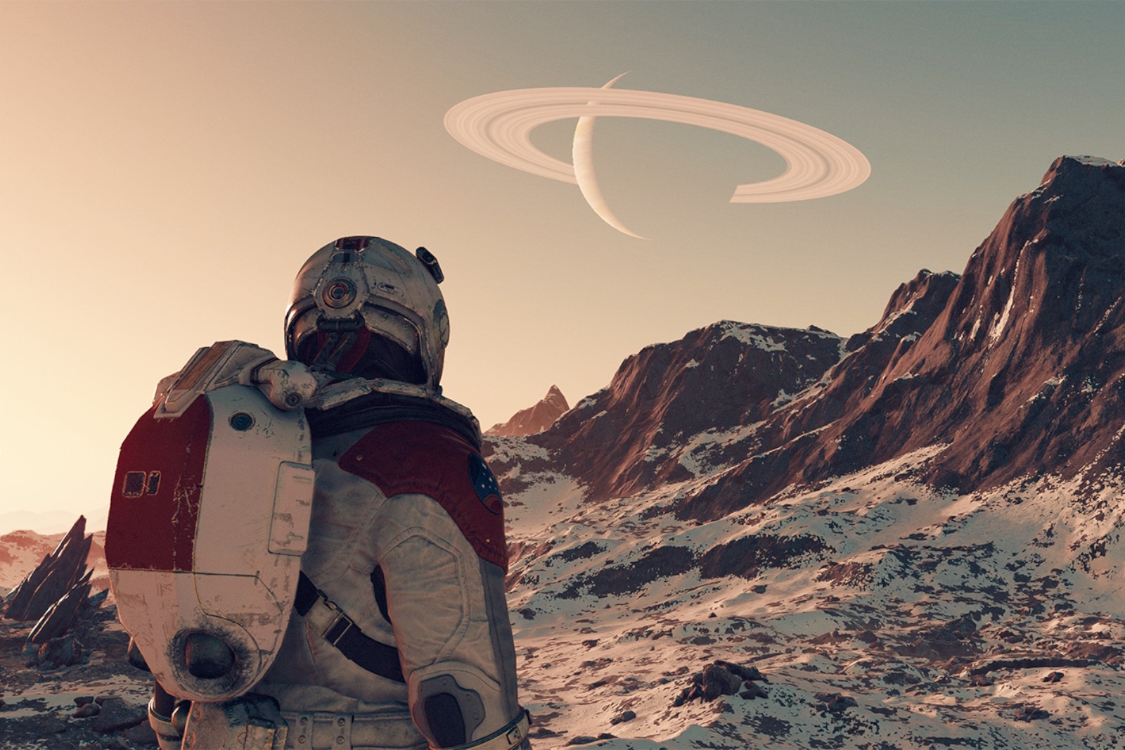 An astronaut looking over a snowy landscape, with a ringed planet in the sky