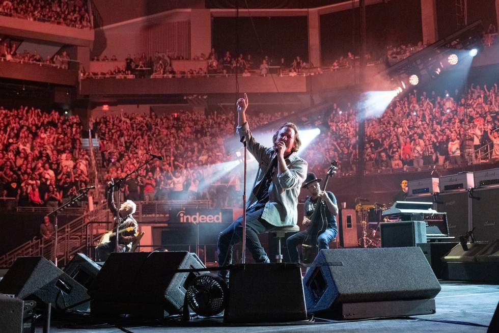 Lead guitarist Mike McCready, lead singer, songwriter and guitarist Eddie Vedder and bassist Jeff Ament of Pearl Jam performs live on stage at Moody Center on September 18, 2023 in Austin, Texas.