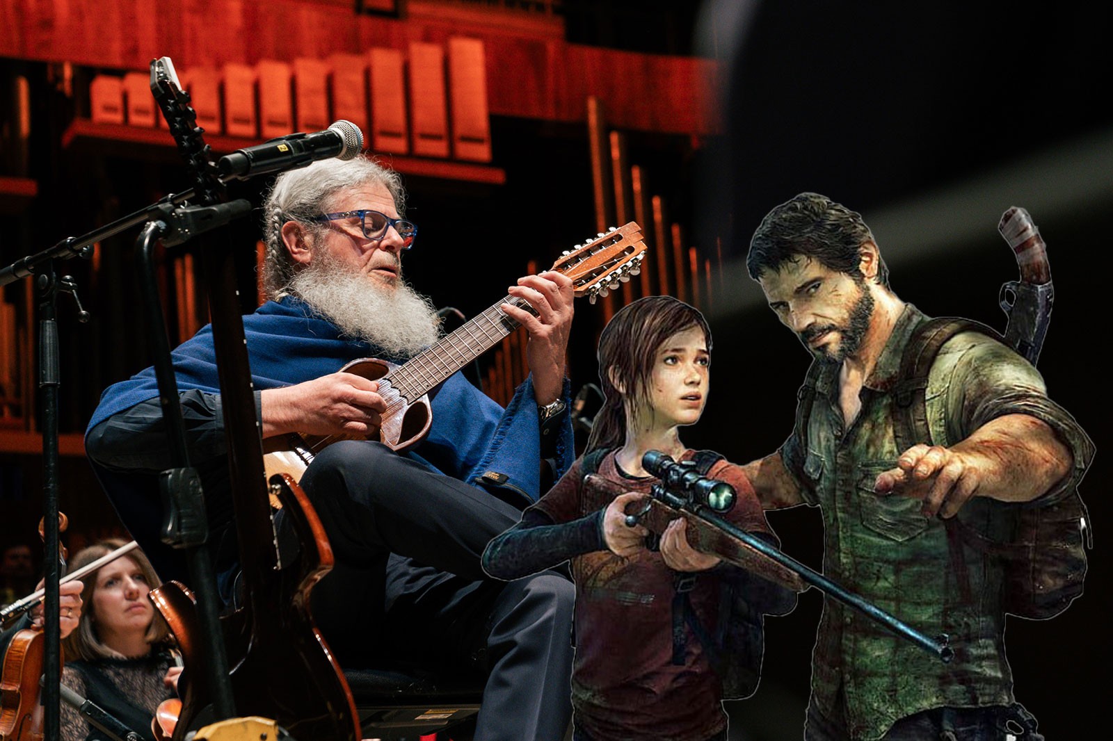 Gustavo Santaolalla playing at Game Music Festival, with an image of Joel and Ellie from The Last of Us imposed over the top.