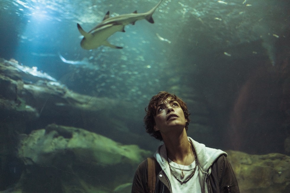 Bérénice Bejo in Under Paris walking through an underwater tunnel with a shark swimming above her