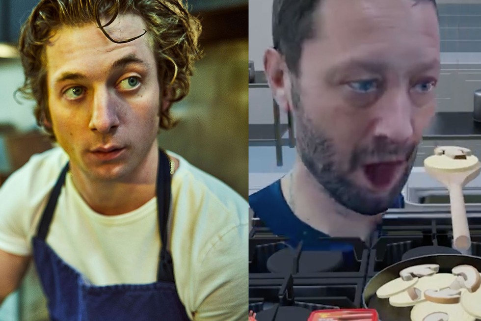 A screenshot of Jeremy Allen White in The Bear (wearing a blue apron and a white T-shirt), alongside a screenshot from The Bear video game concept (a floating head, video game version of Richie opens his mouth to eat sauce from a wooden spoon).