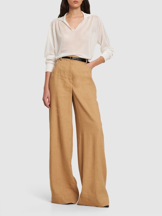 Alberta Ferretti: Pantalini larghi vita alta in misto lino - Beige Scuro - women_1 | Luisa Via Roma