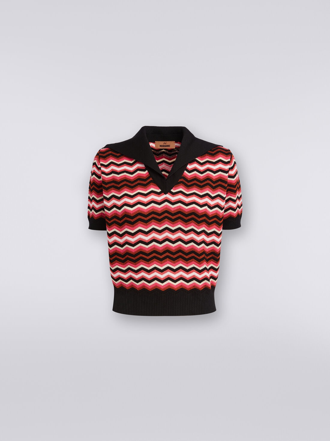 Short-sleeved chevron jumper with contrasting trim, Multicoloured  - DS24SN0HBK034FSM9AM - 0