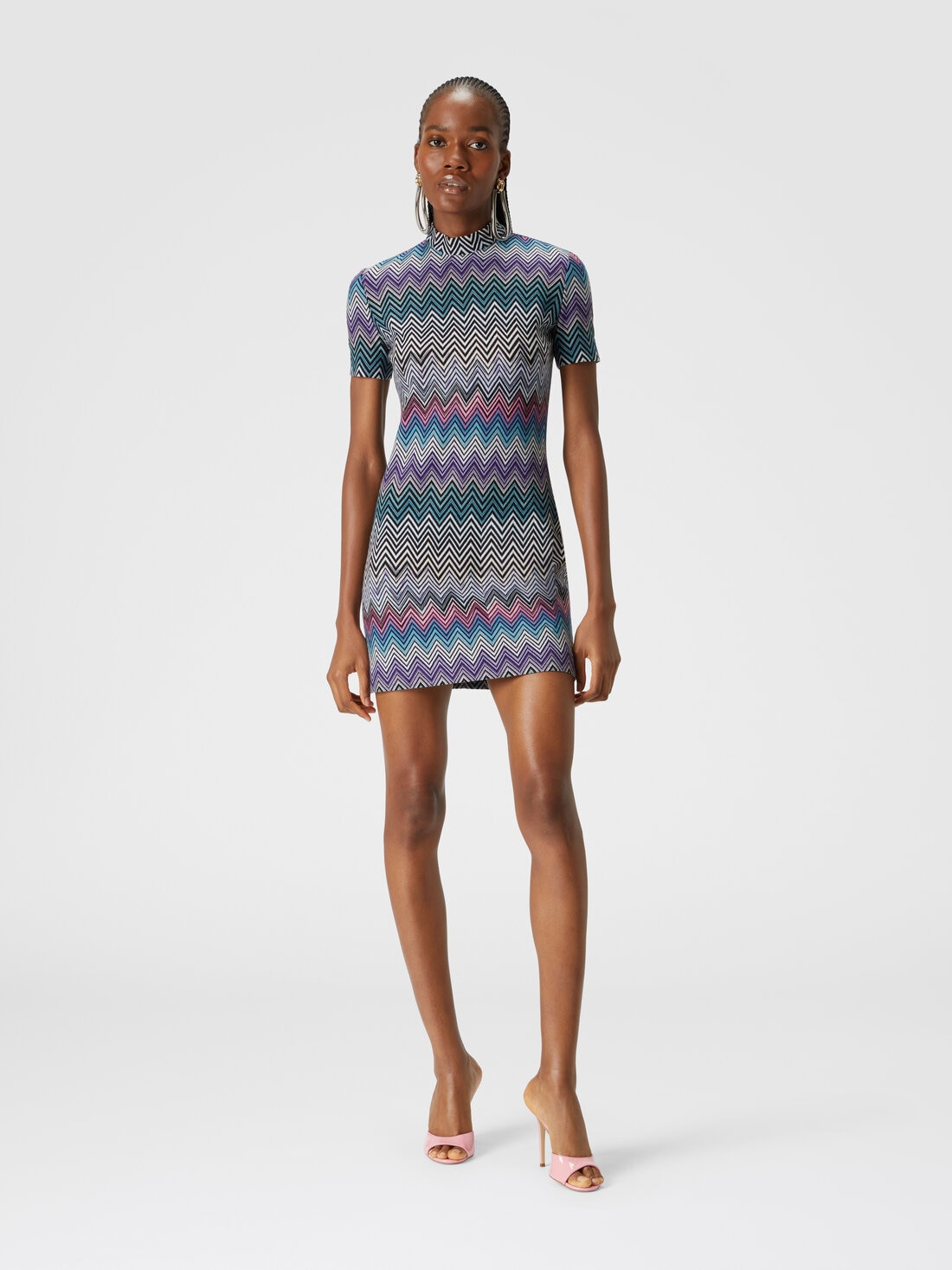 Short-sleeved mini-dress in zigzag wool, Multicoloured  - DS24WG19BR00YXSM9EO - 1