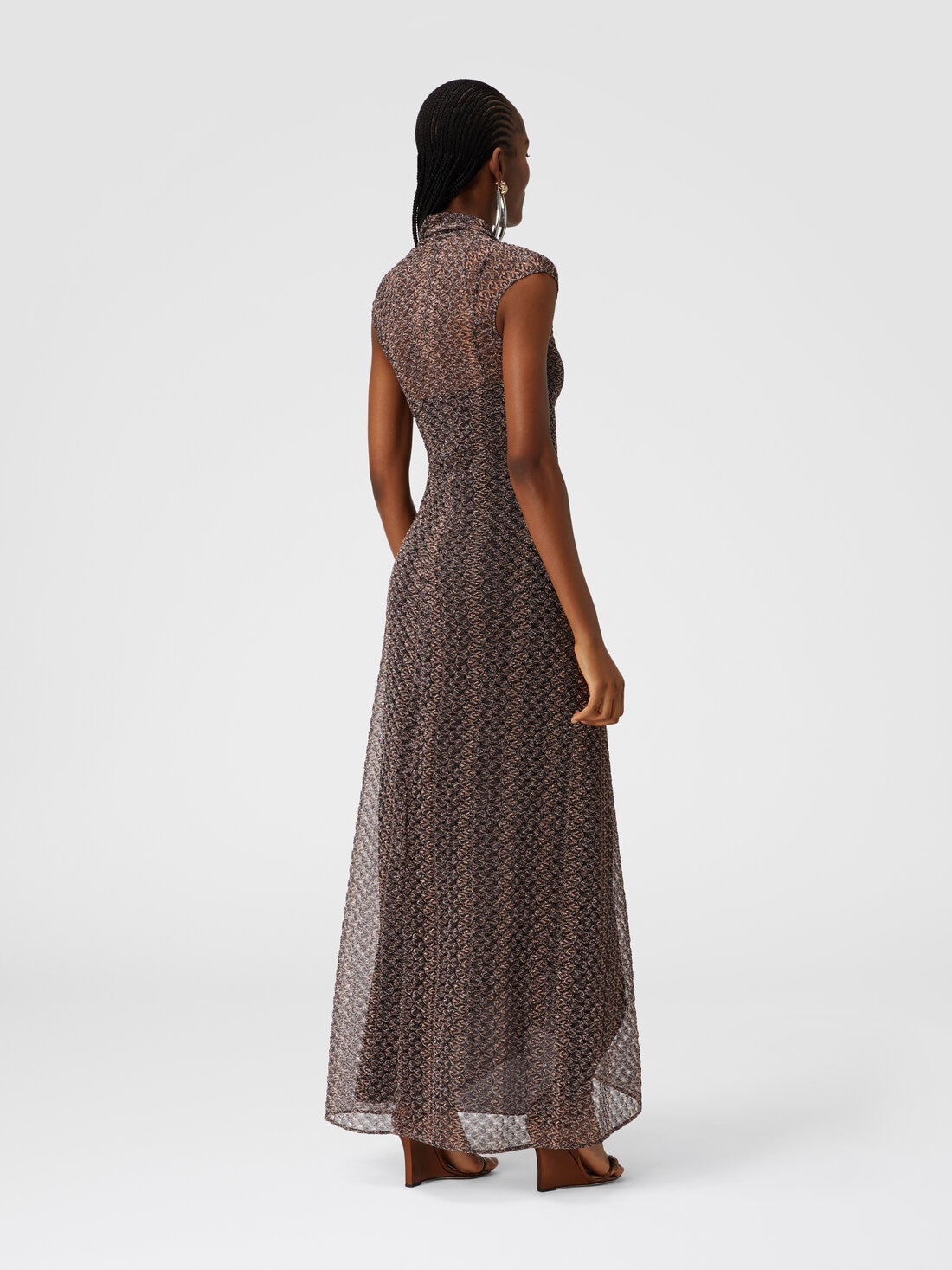 Long lamé lace dress with torchon neckline, Black & Multicoloured  - DS24WG2GBR00XCSM9EQ - 2