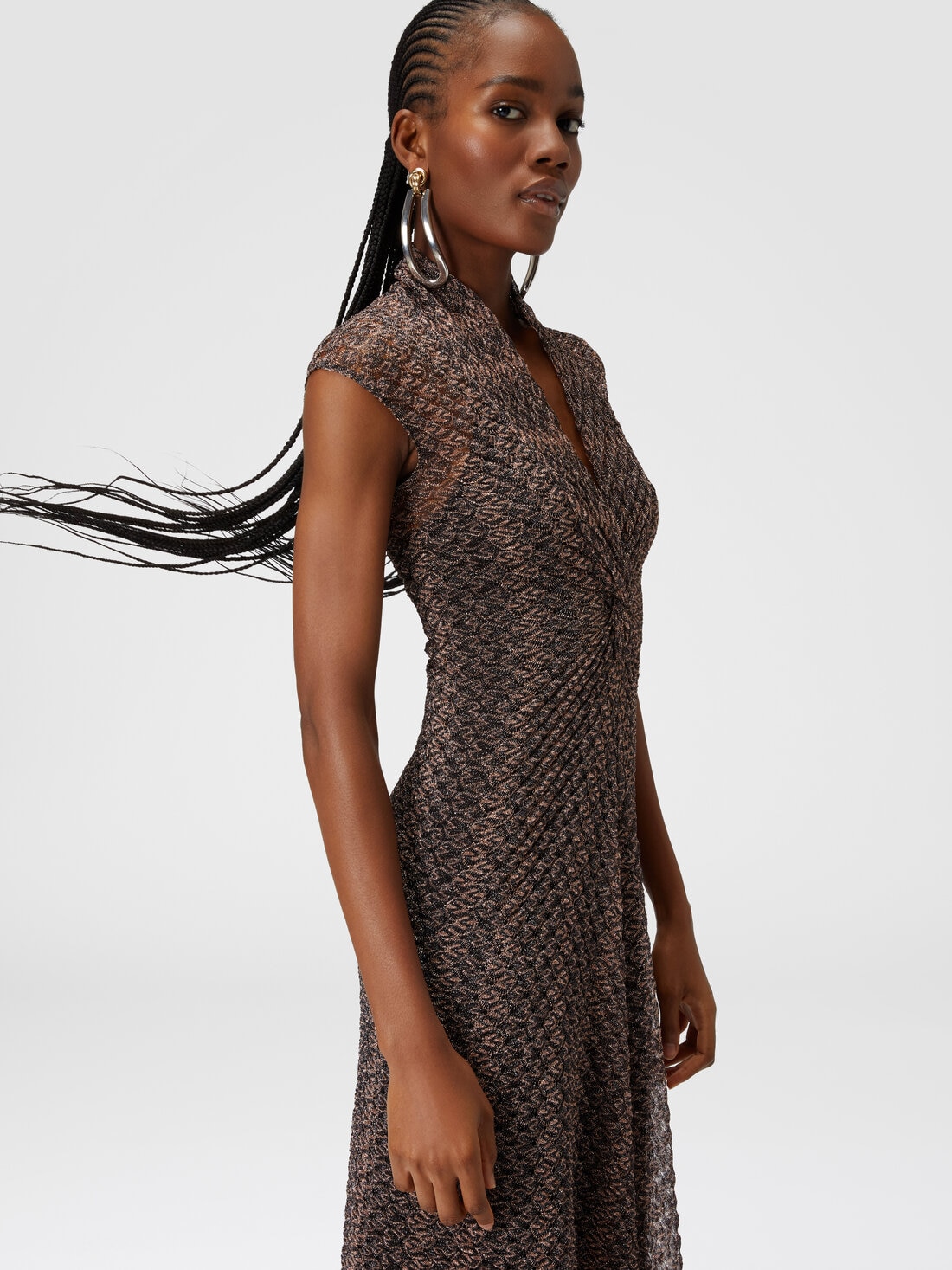 Long lamé lace dress with torchon neckline, Black & Multicoloured  - DS24WG2GBR00XCSM9EQ - 3