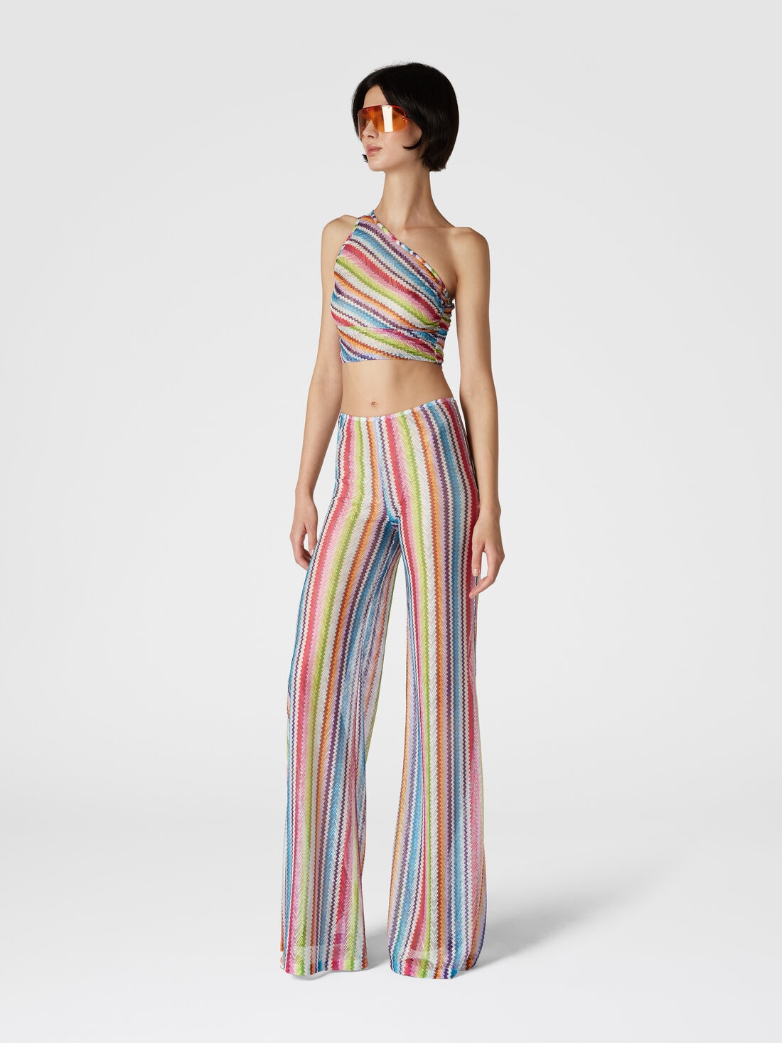 One-shoulder crop top with side gathering, Multicoloured  - MS24WK01BR00Z4SM9HA - 1