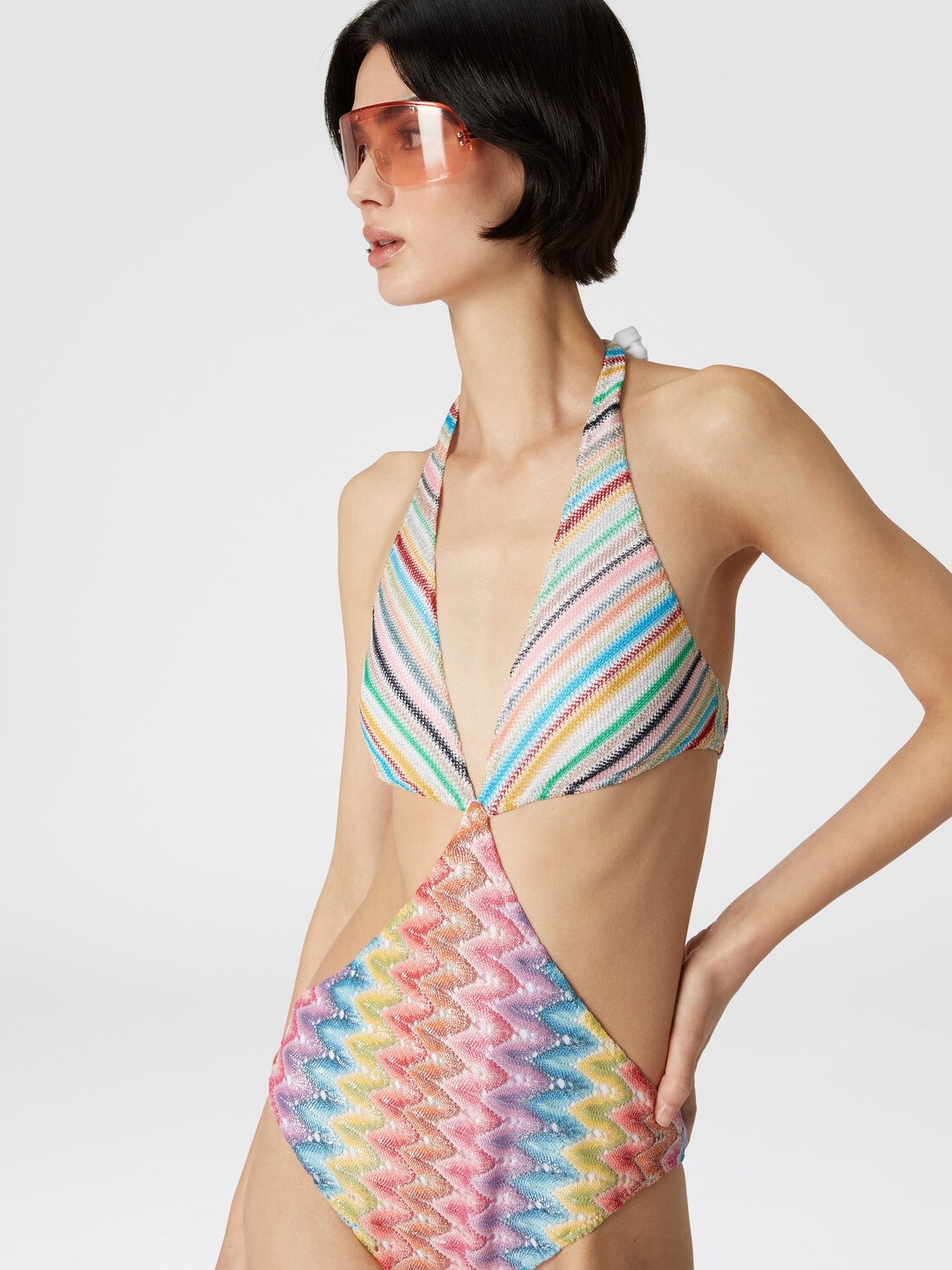 Patchwork one-piece swimsuit with cut-out details, Multicoloured  - MS24WP01BR00Z3SM9HC - 3