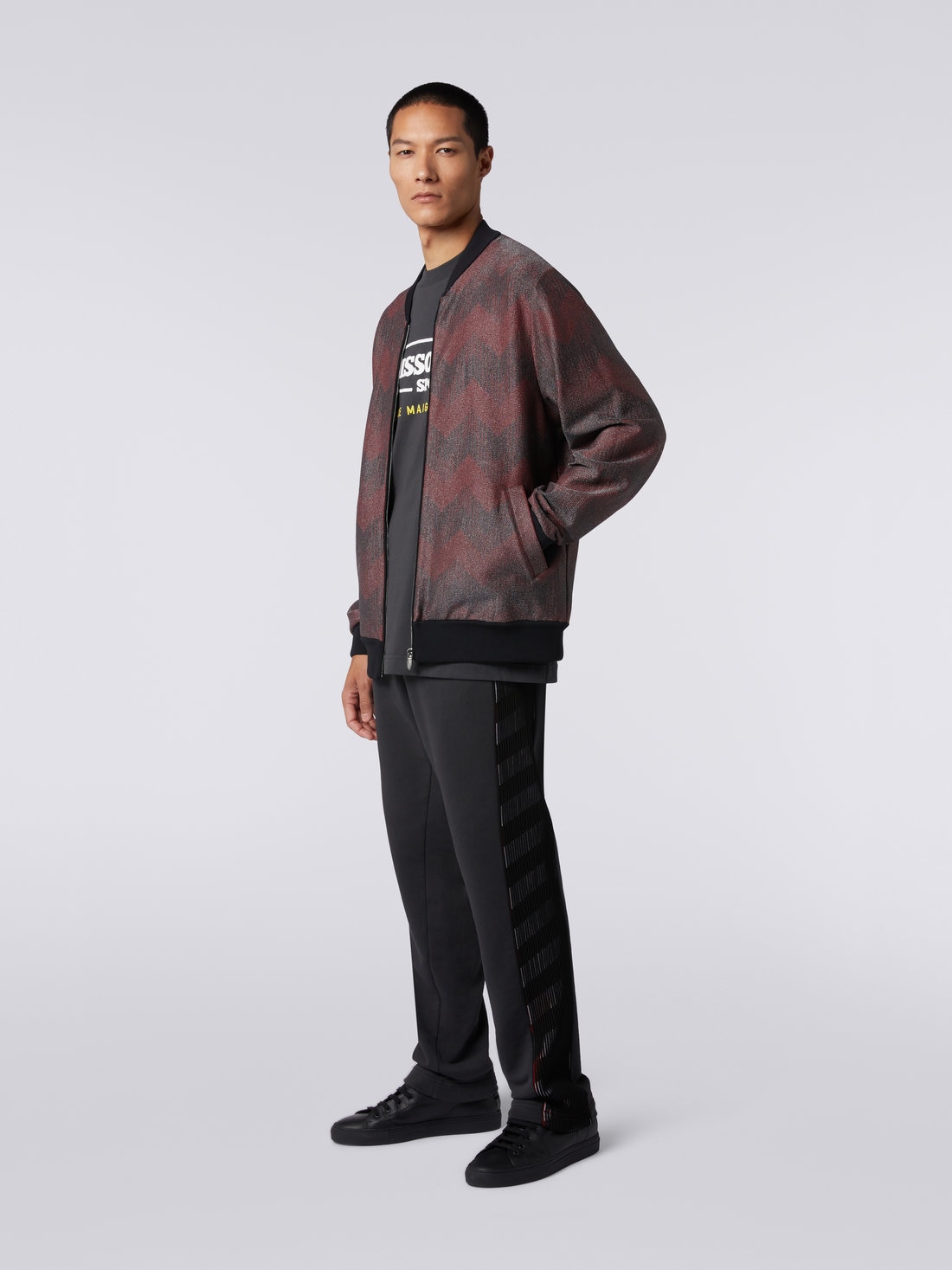 Cotton blend zigzag bomber jacket in collaboration with Mike Maignan, Black & Red - TS23SC04BK031NS414U - 2