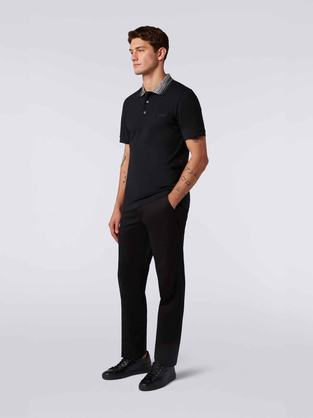 Cotton polo shirt with slub collar and logo lettering, Black    - UC22W200BJ0019S90NC - 2