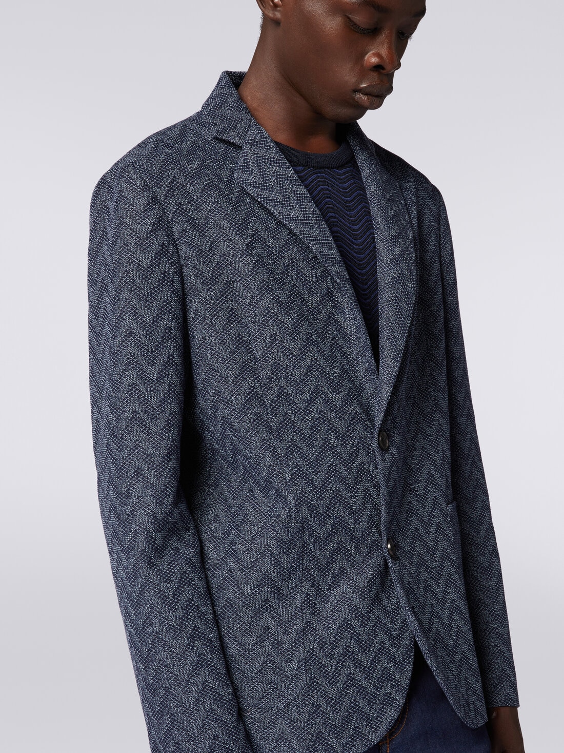 Zigzag cotton single-breasted blazer , Blue - US23WF07BT0067S72FG - 4